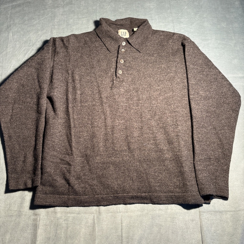 GAP Mens Merino Wool Polo Sweater Long Sleeve Charcoal Grey Knit Size M 0695